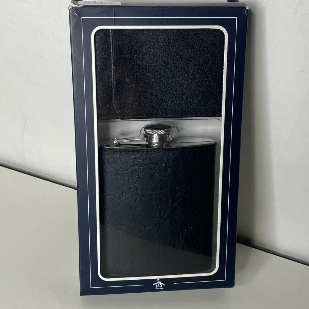 Penguin Black Leather Pocket Flask And Credit Card Holder 2 pc Set NIB